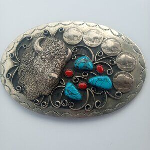 Vintage Native American Silver Buffalo Nickel Turquoise & Coral Belt Buckle